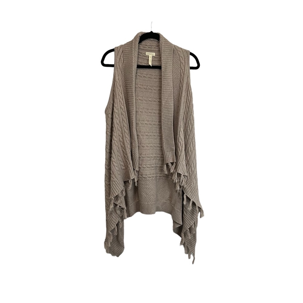 Matilda Jane Fringe Tan Sleeveless Cable Knit Fisherman Open Front Cardigan Sz M